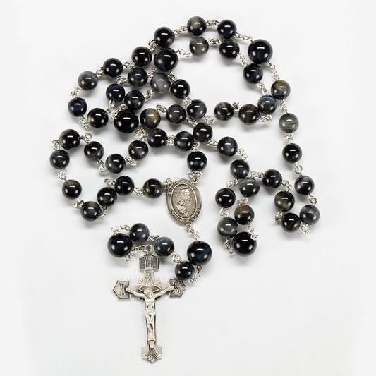 Blue Tiger's Eye Men's Rosary - Handmade, Heirloom Rosaries, Blessed Trinity Center & IHS Crucifix in Sterling Silver - Custom Gift for Dad
