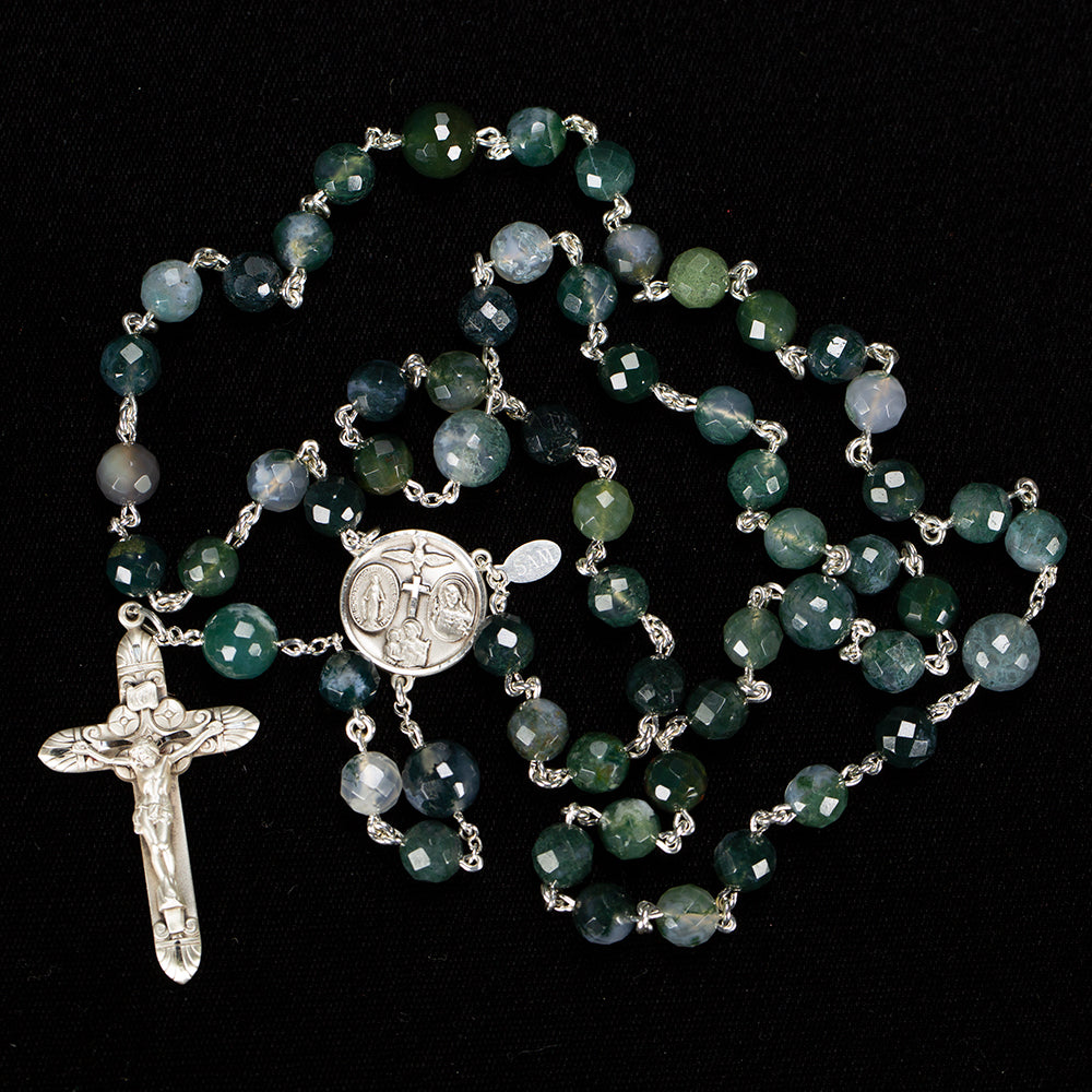 Catholic Men's Rosary Handmade with Green Moss Agate stones and Sterling Silver