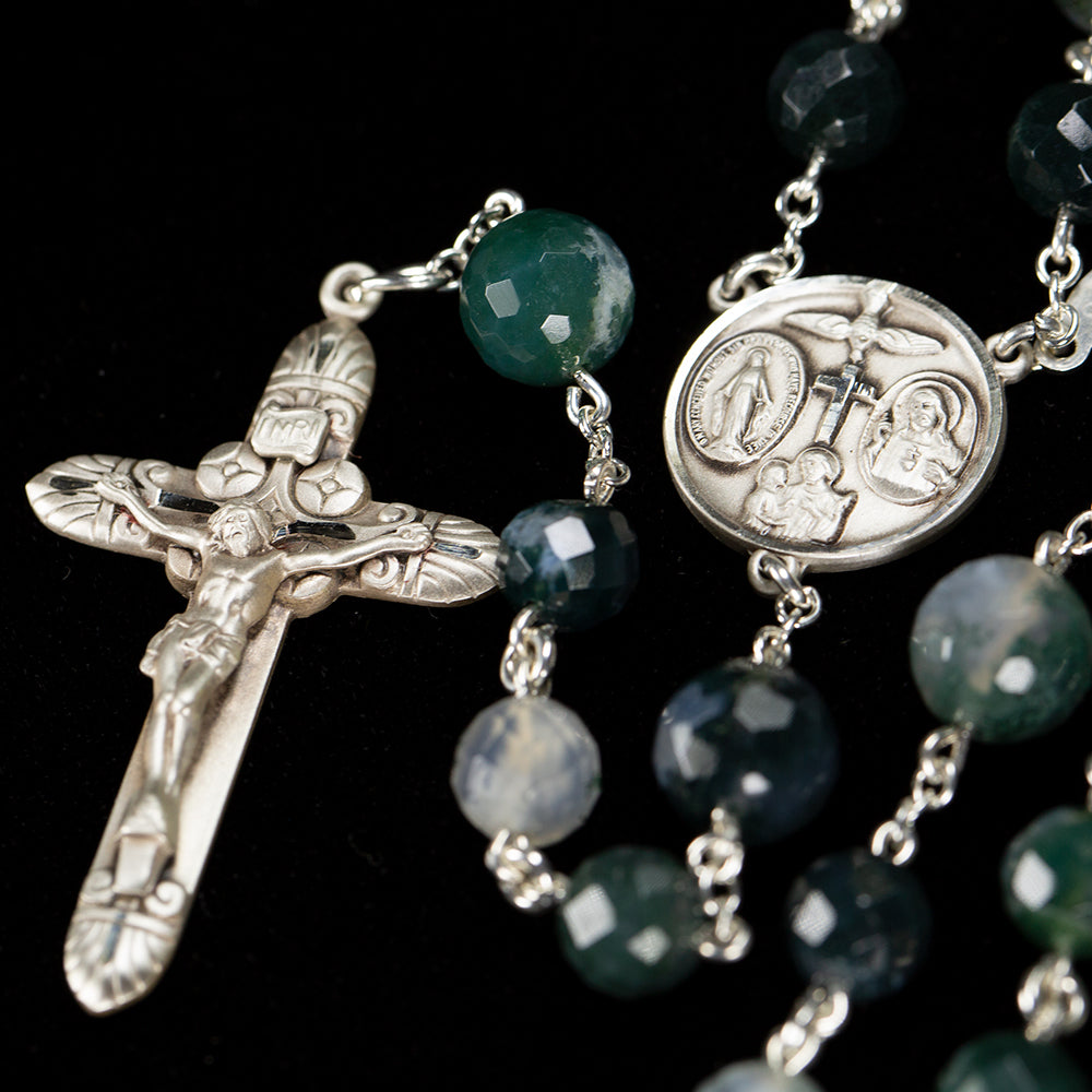 Catholic Men's Rosary Handmade with Green Moss Agate stones and Sterling Silver