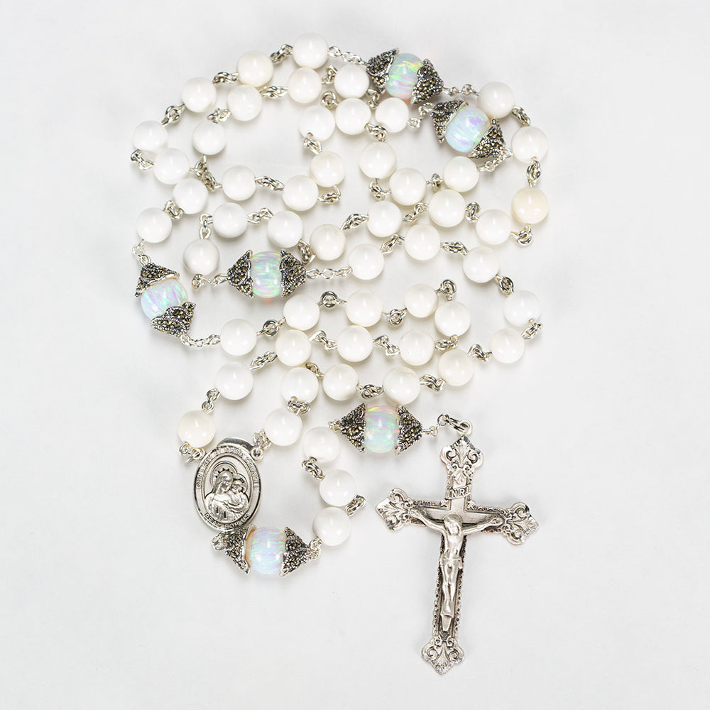 Catholic Women's Rosary Handmade with Natural White Opals and Marcasite Silver