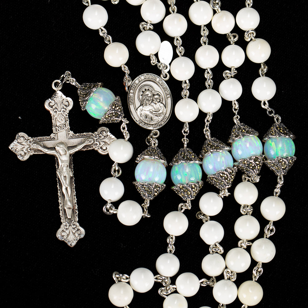 Catholic Women's Rosary Handmade with Natural White Opals and Marcasite Silver