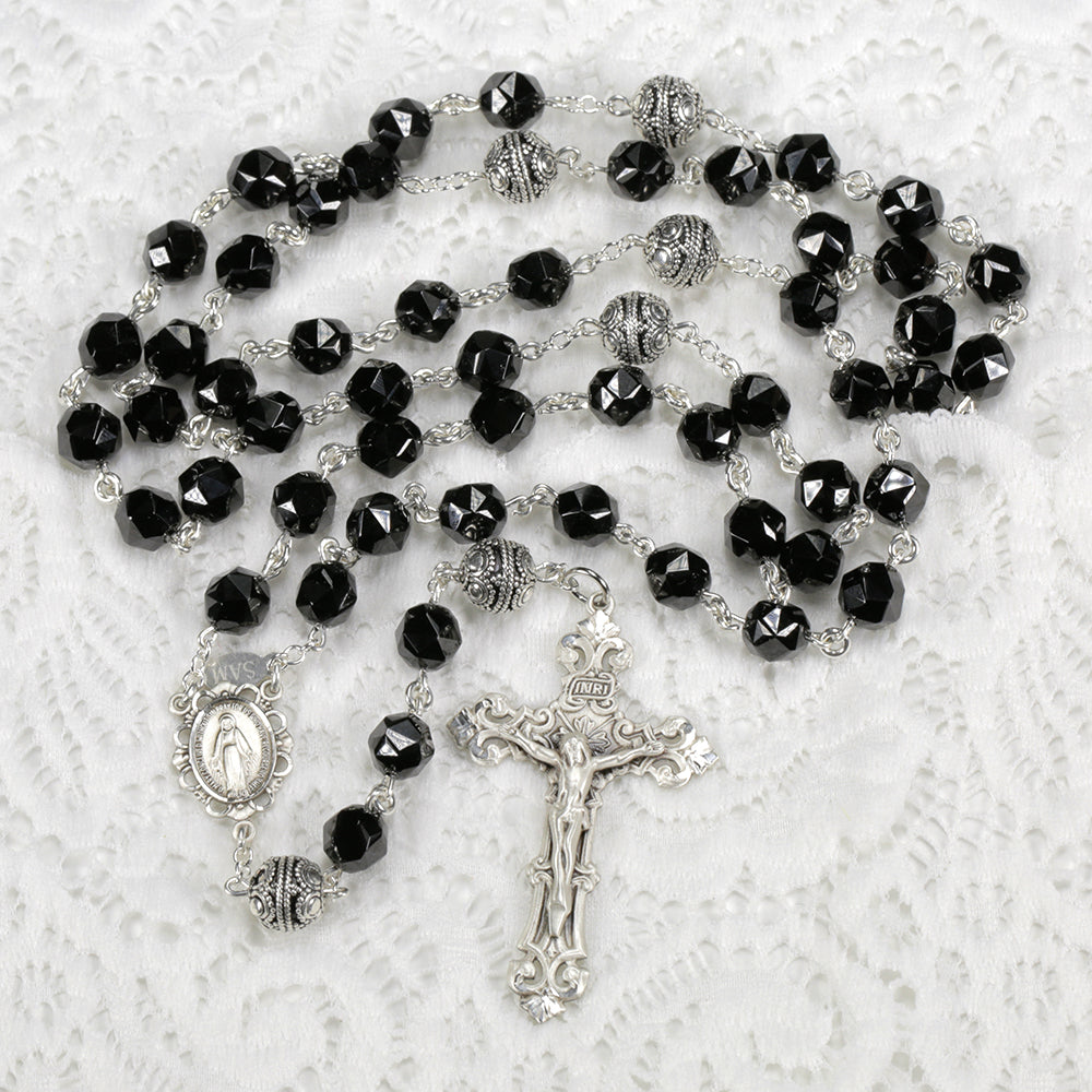 Heirloom Catholic Women's Rosary Handmade with Black Spinel Beads and Sterling Silver