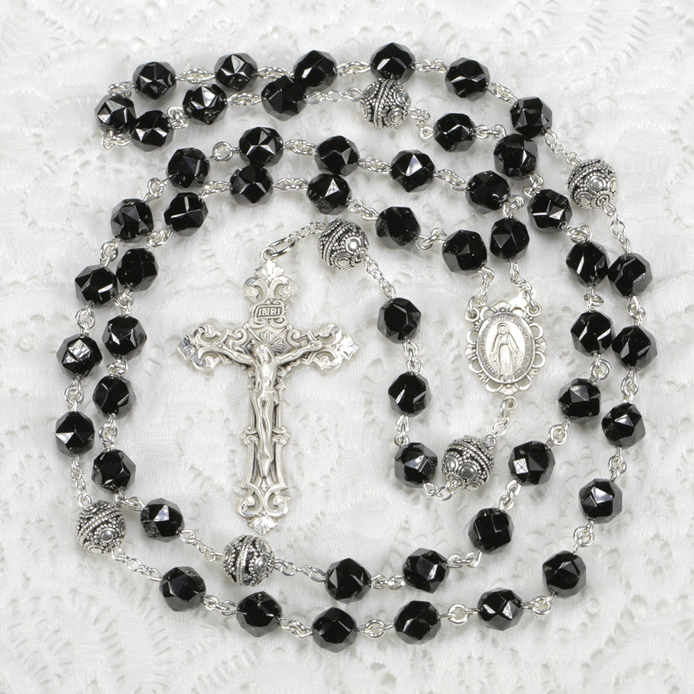 Heirloom Catholic Women's Rosary Handmade with Black Spinel Beads and Sterling Silver