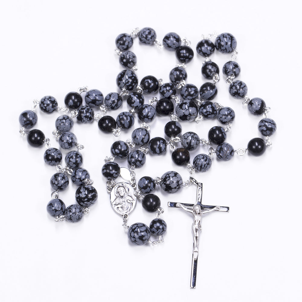 Men's Rosary handmade with Snowflake Obsidian Stones