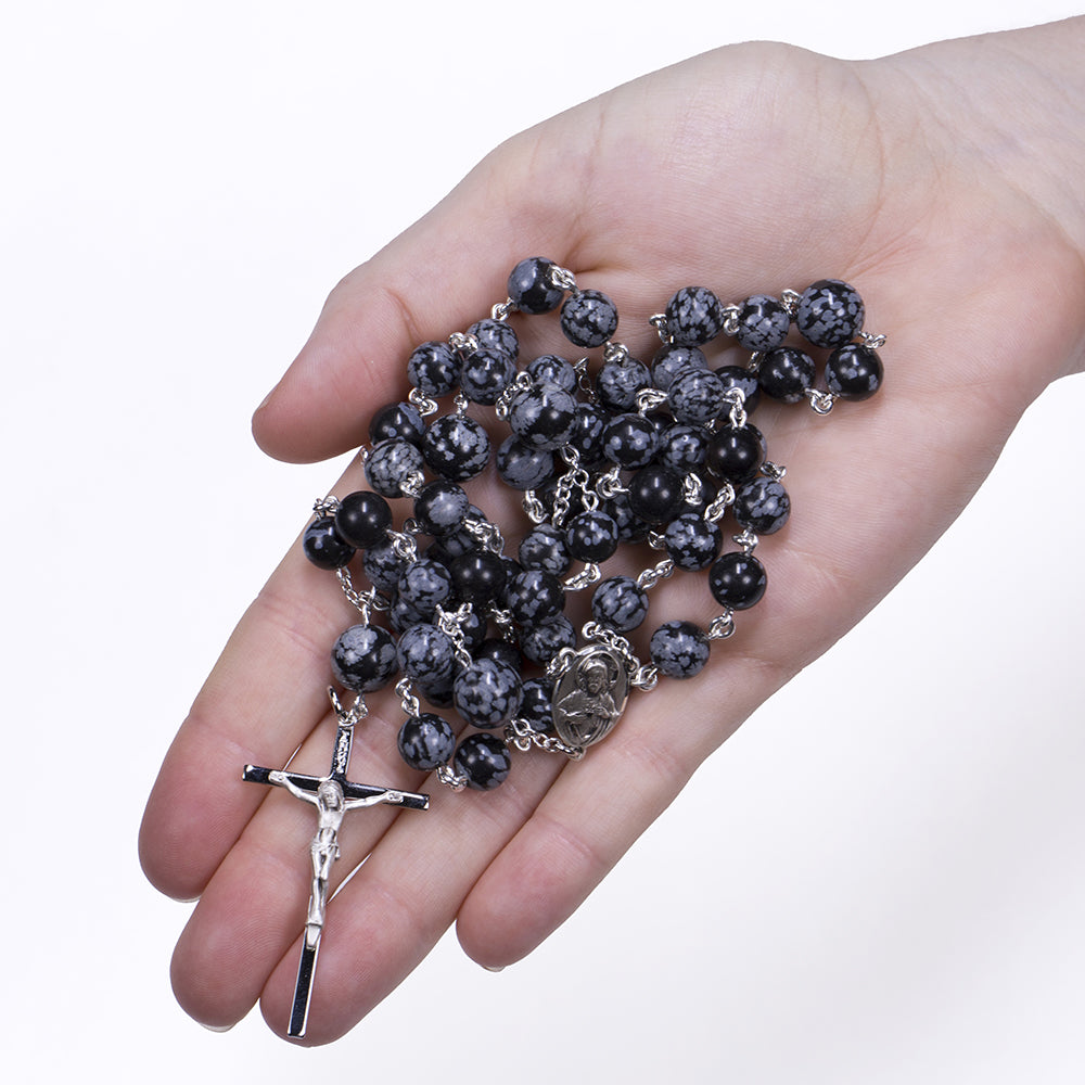 Men's Rosary handmade with Snowflake Obsidian Stones