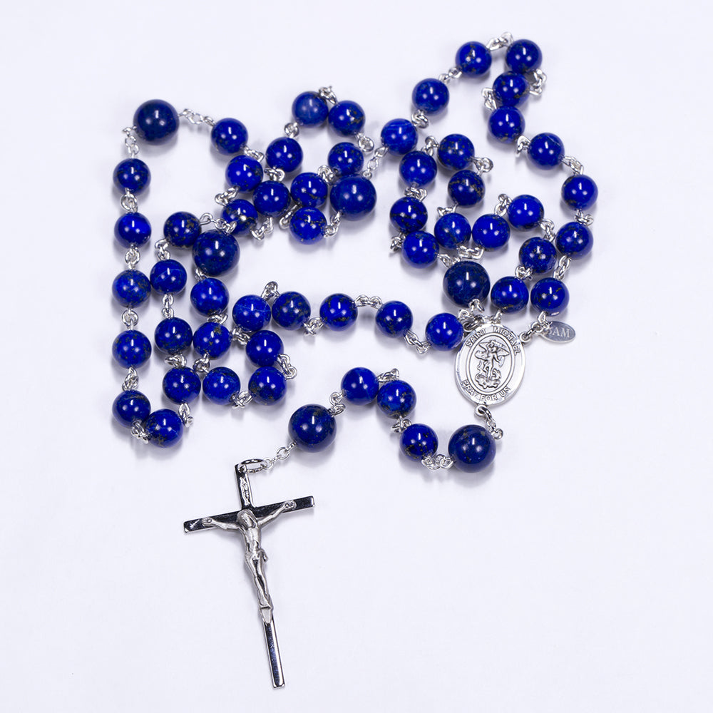 Handmade Men's Rosary with Blue Lapis stones and St Michael Center