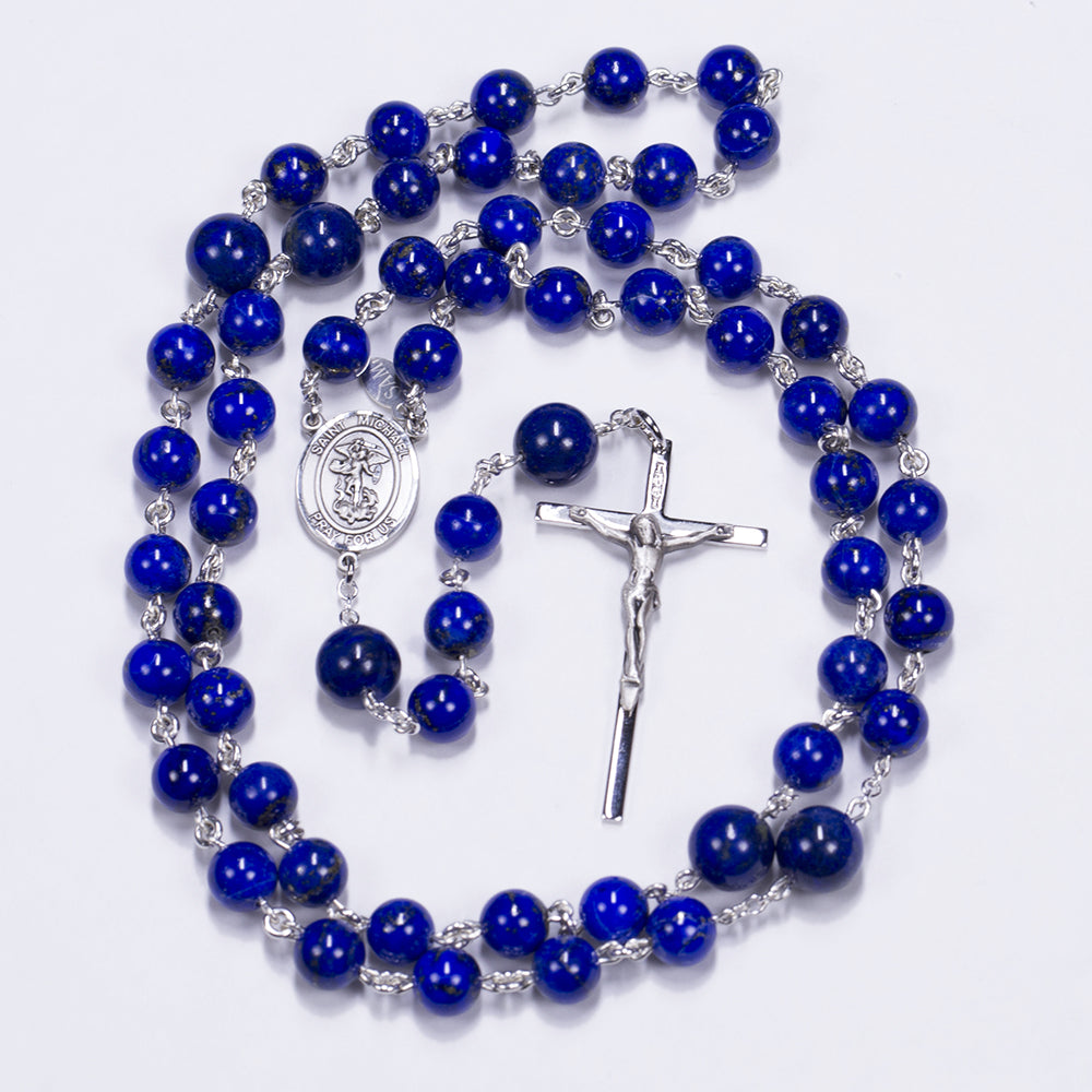 Handmade Men's Rosary with Blue Lapis stones and St Michael Center