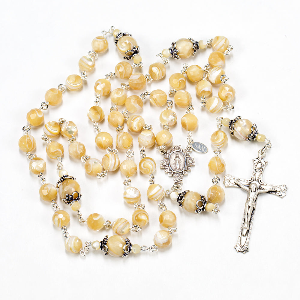 Catholic Women's Rosary Handmade with Natural Mother of Pearl Stones