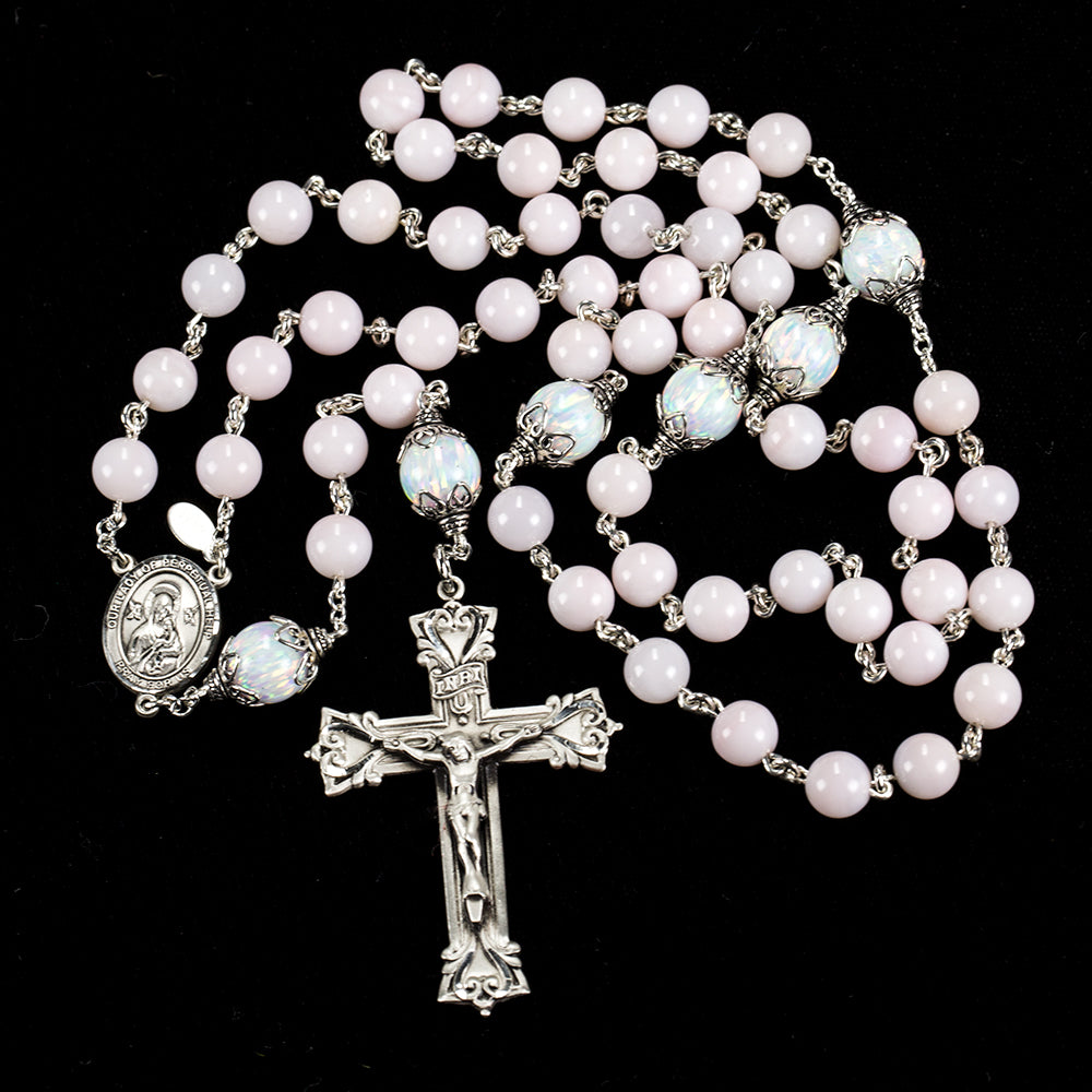 Catholic Women's Rosary Handmade with Pale Pink Opals and Manmade Opals
