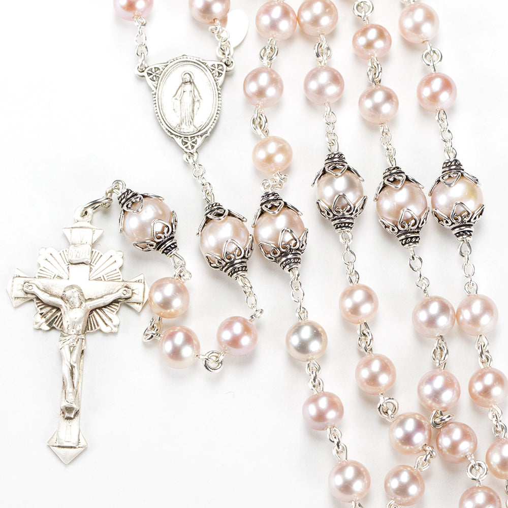 Catholic Women's Rosary Handmade with Pink Freshwater Pearls and Sterling Silver