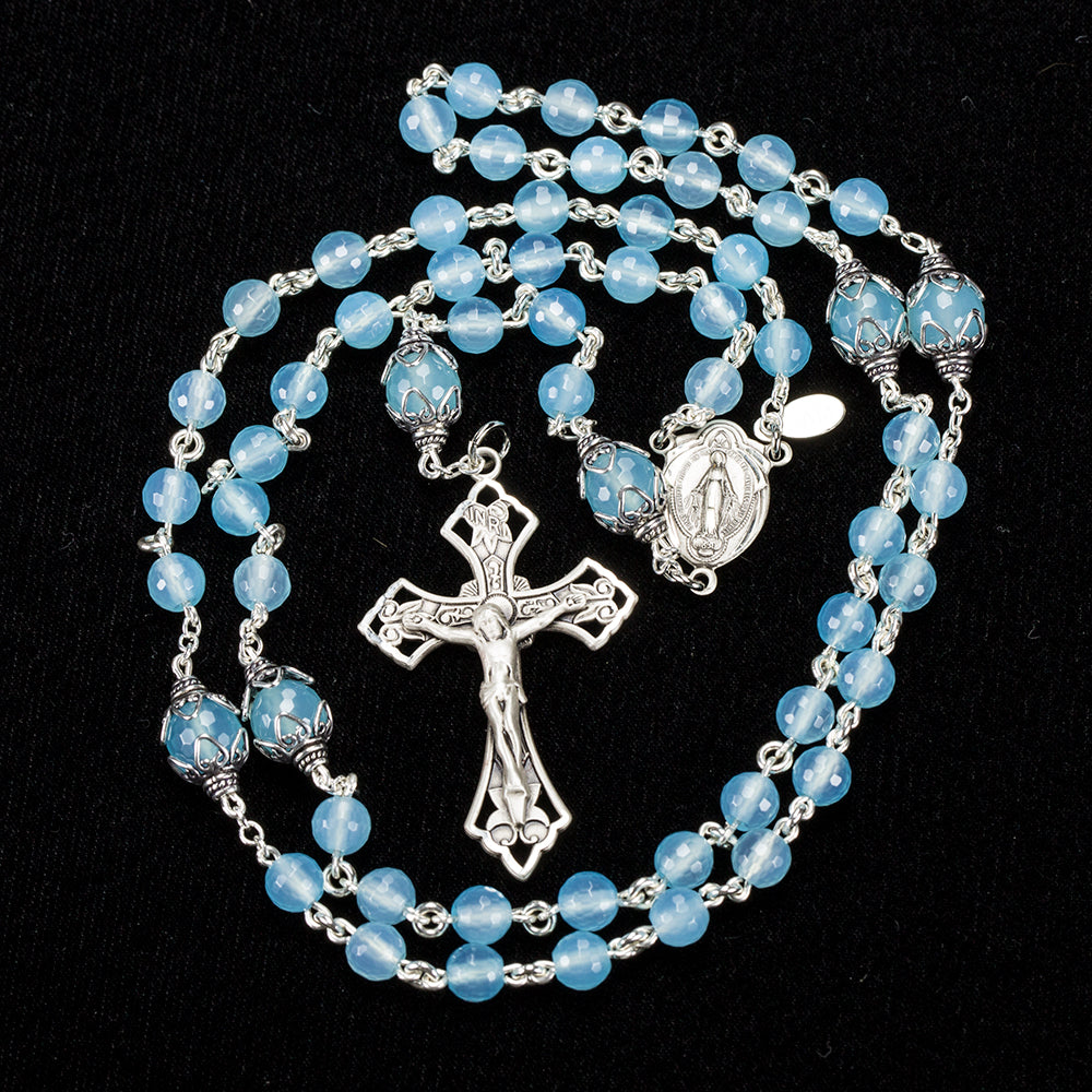 Catholic Women's rosary handmade with Sea Blue Chalcedony stones