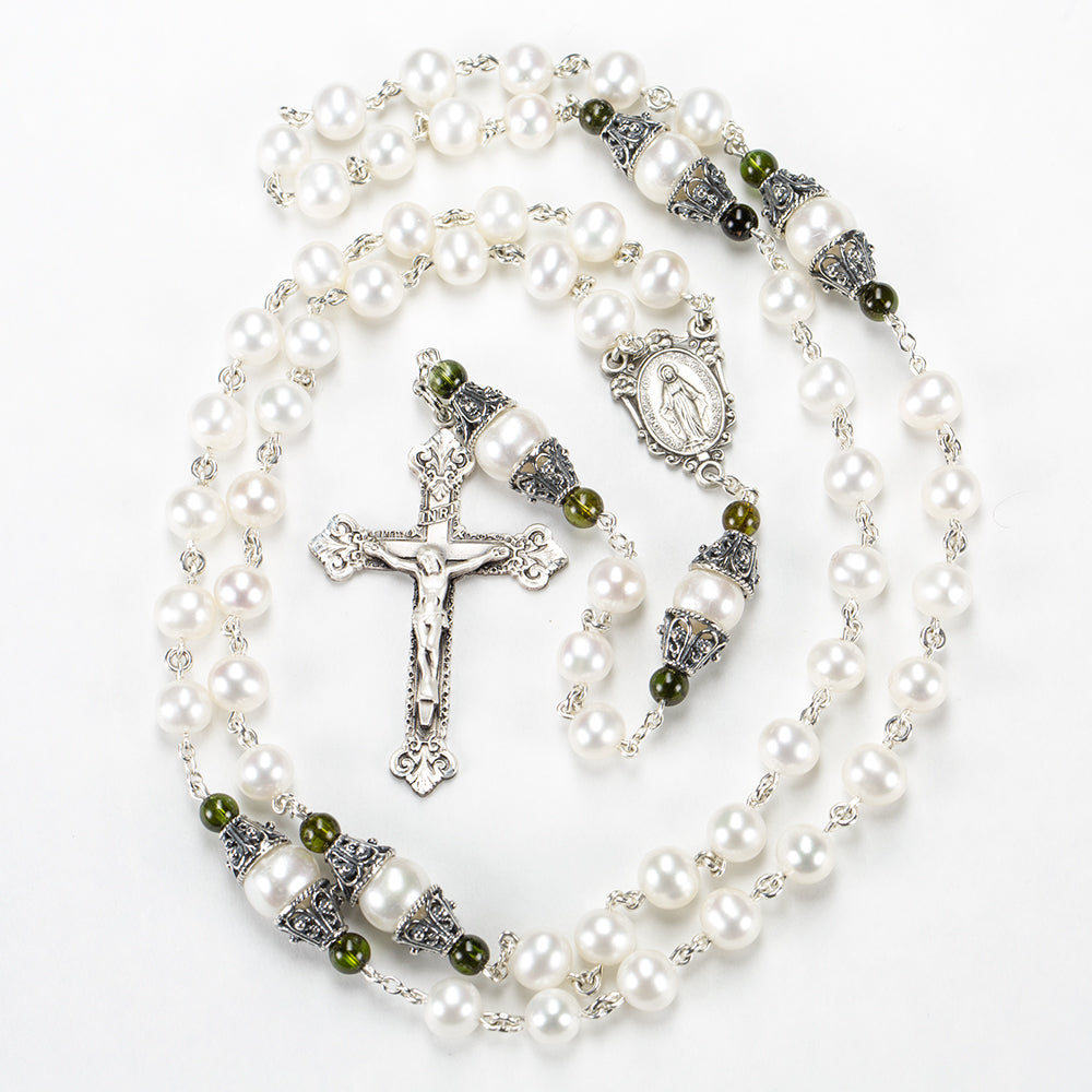 Catholic Women's Rosary Handmade with Freshwater Pearls, Green Tourmaline and Sterling Silver
