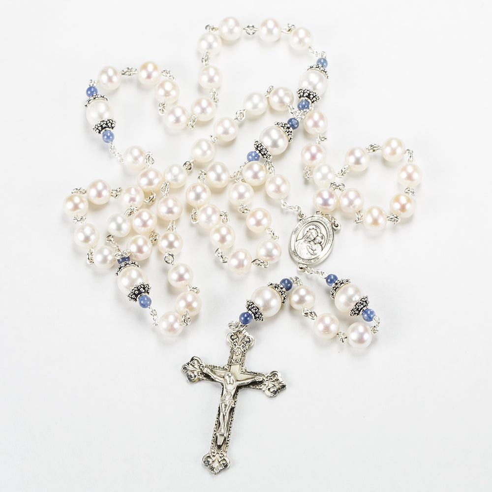 Mantle of Mary Catholic Rosary with Freshwater Pearls and Kyanite