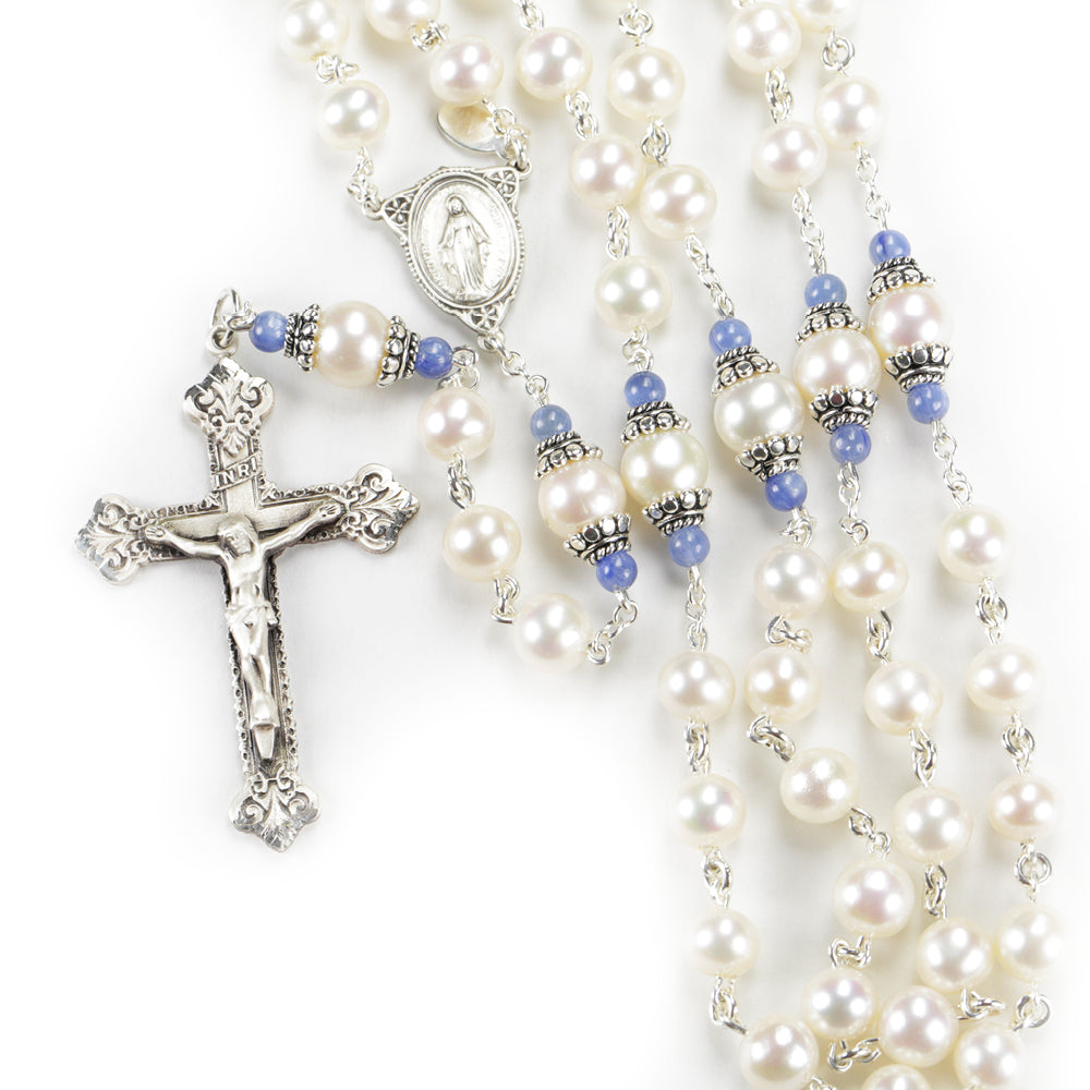 Mantle of Mary Catholic Rosary with Freshwater Pearls and Kyanite