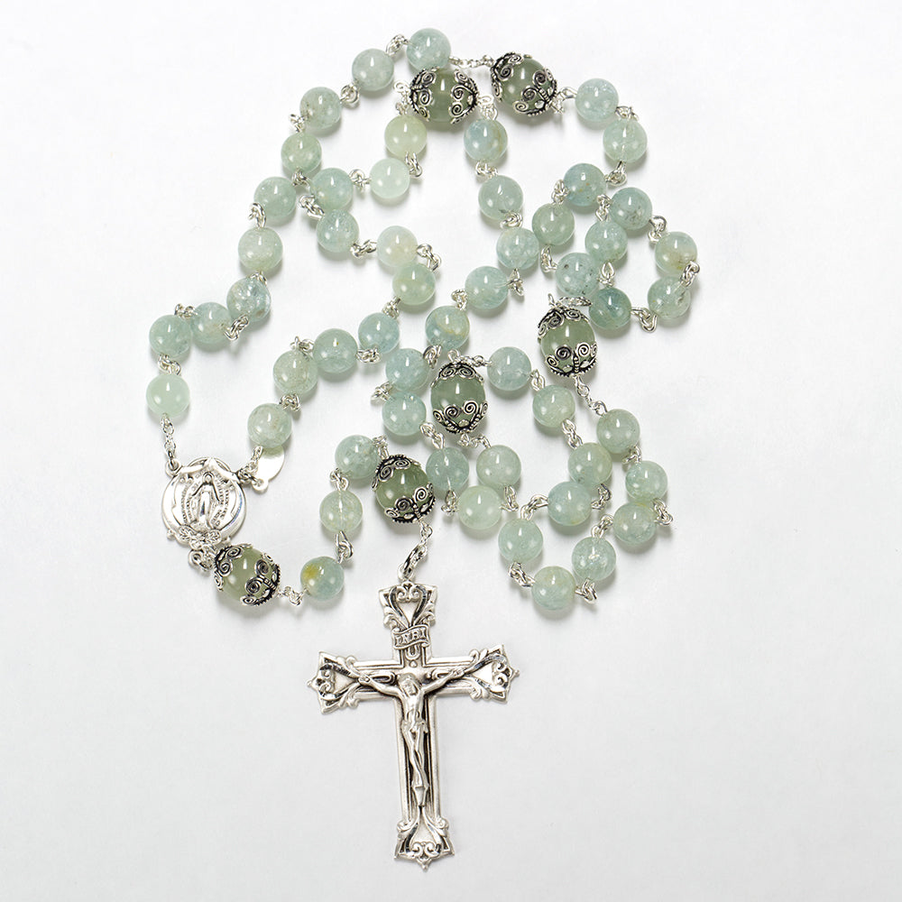 Catholic Women's Rosary Handmade with Green Aquamarine