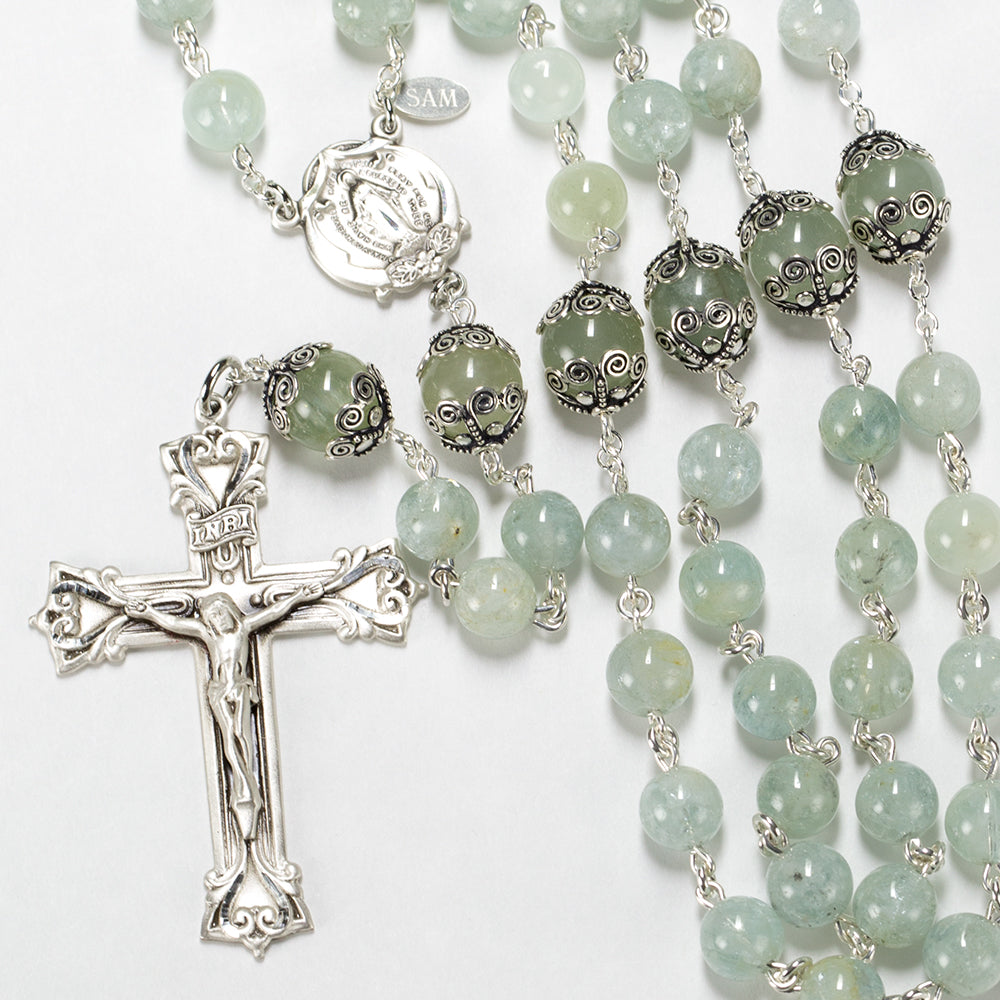 Catholic Women's Rosary Handmade with Green Aquamarine