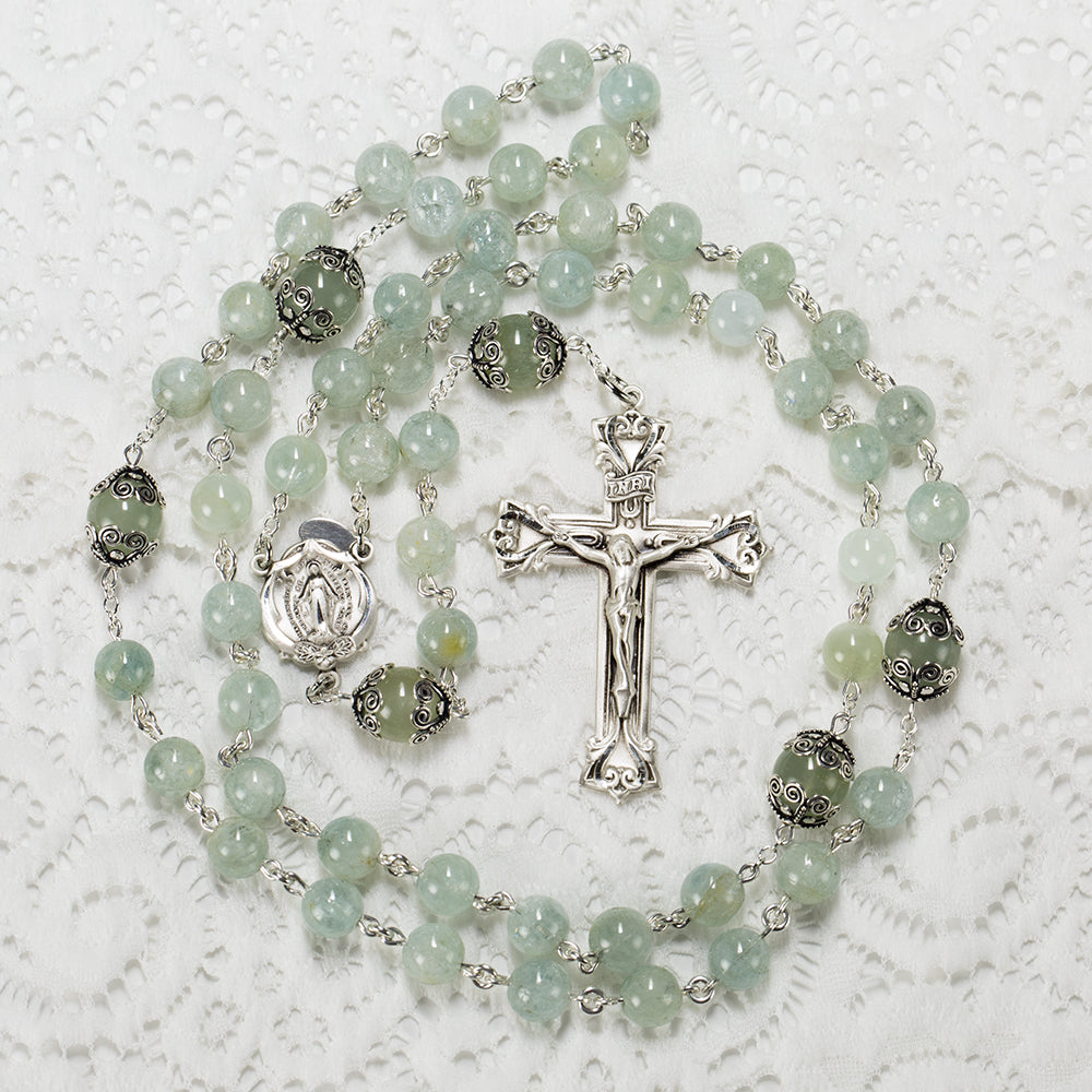 Catholic Women's Rosary Handmade with Green Aquamarine