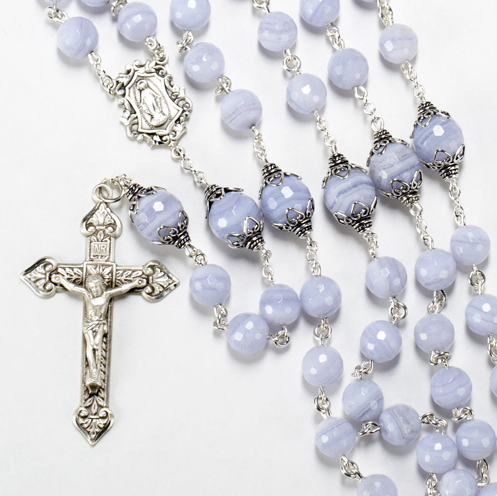 Catholic Womens Rosary Handmade with Blue Lace Agate Stones