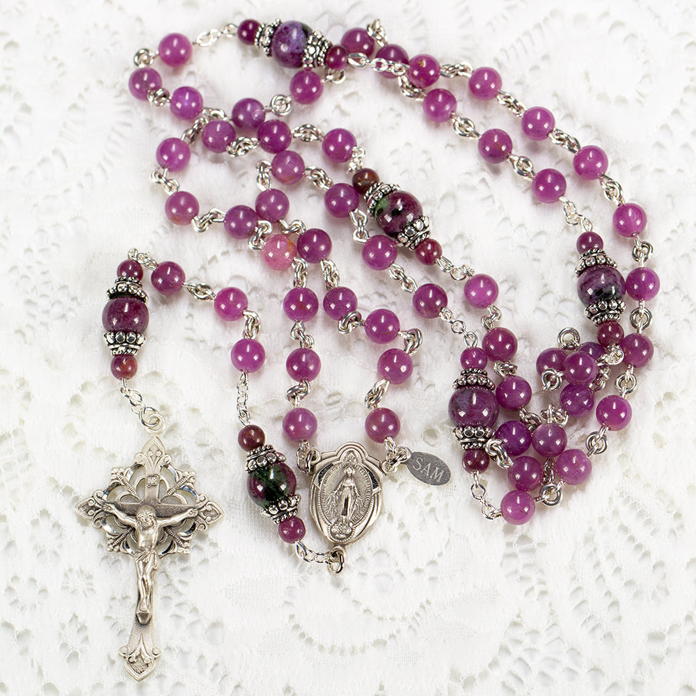 Catholic Women's Rosary Handmade with Star Rubies, Rubyziosite, Sterling Silver and a Miraculous Medal