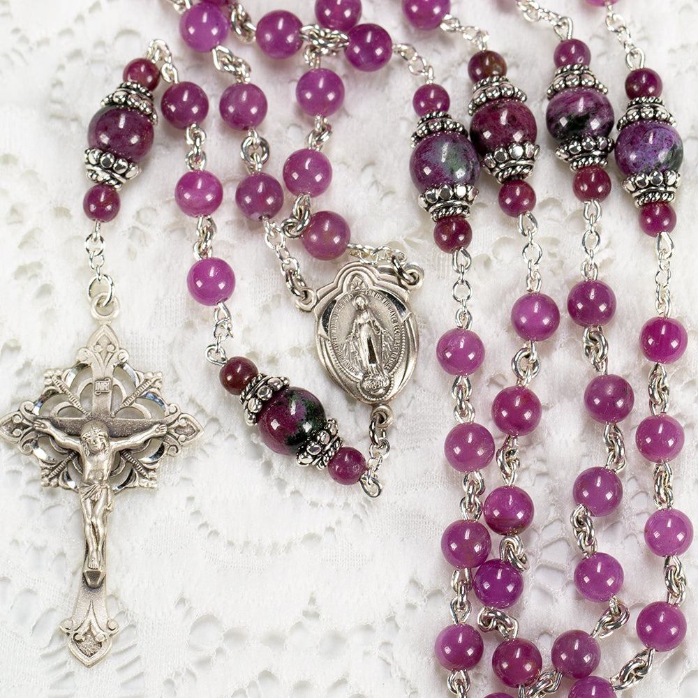 Catholic Women's Rosary Handmade with Star Rubies, Rubyziosite, Sterling Silver and a Miraculous Medal