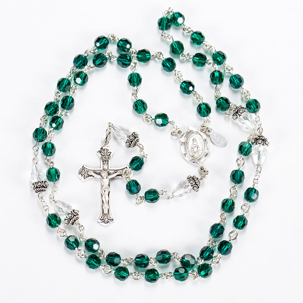 First Communion Rosary handmade with Green Swarovski Crystals and Bali Silver