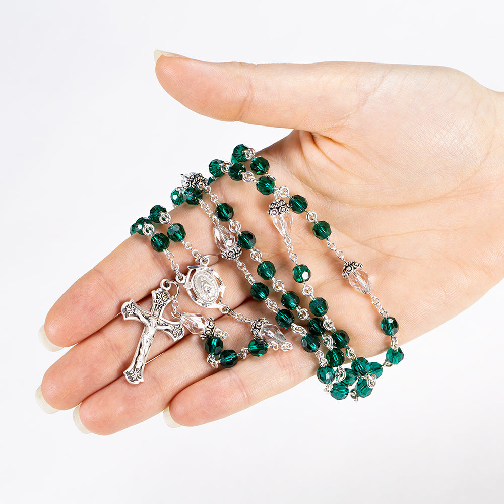 First Communion Rosary handmade with Green Swarovski Crystals and Bali Silver