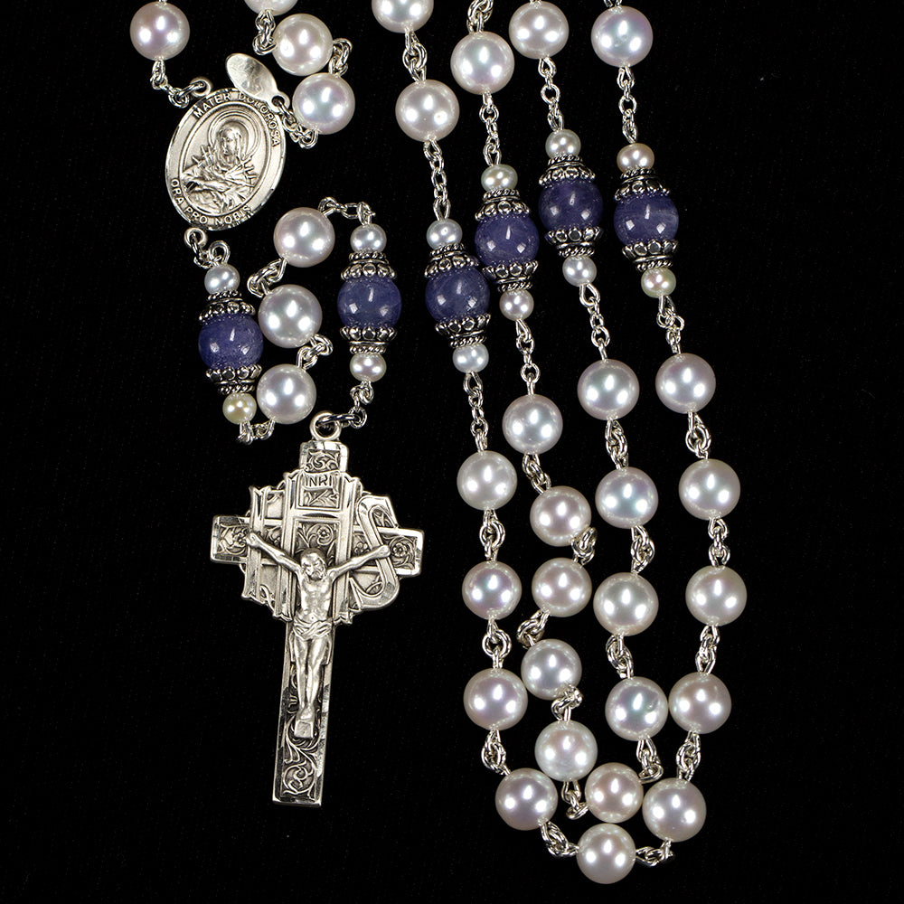 Tanzanite Pearl Catholic Women's Rosary - Handmade Heirloom
