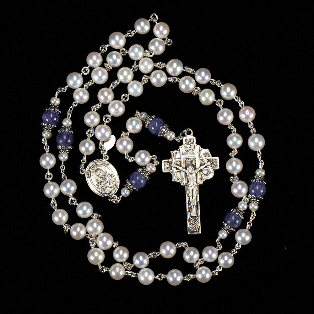 Tanzanite Pearl Catholic Women's Rosary - Handmade Heirloom