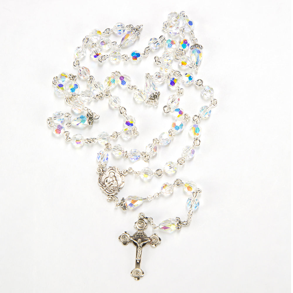 Swarovski Crystal Aurora Borealis First Communion, Baptism Catholic Rosary
