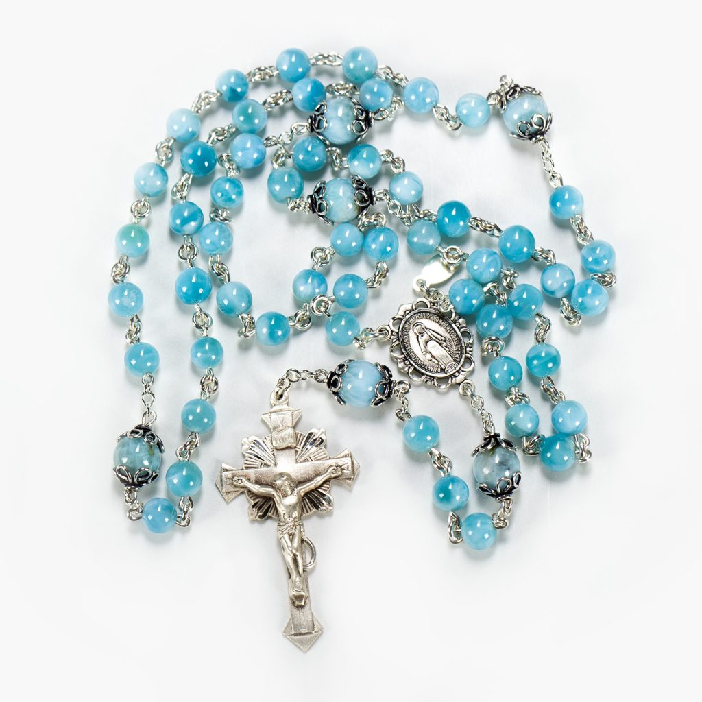 Blue Larimar Catholic Rosary - Handmade, Heirloom Rosaries Gift for Women - Sterling Silver, Miraculous Medal Center, Gemstone