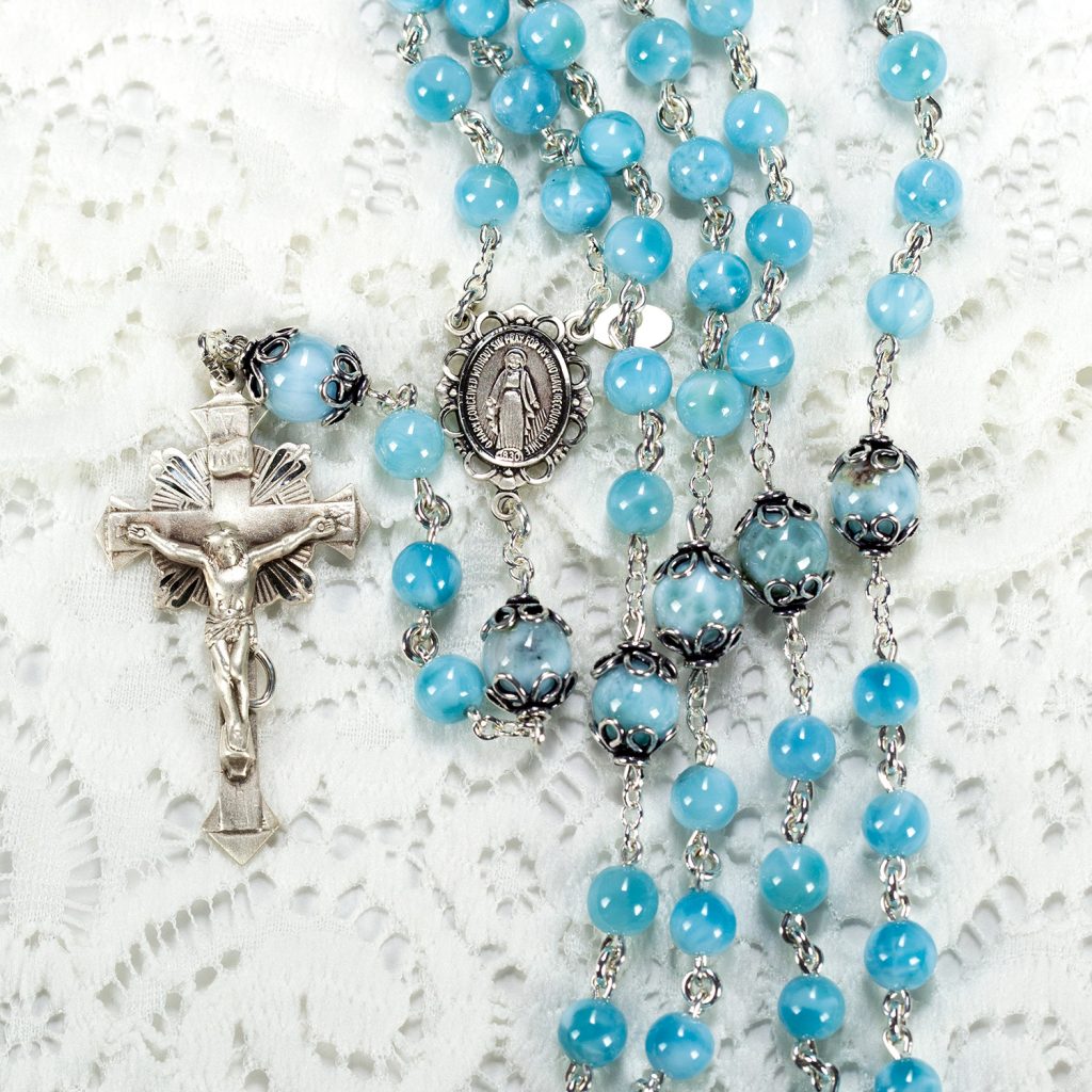 Blue Larimar Catholic Rosary - Handmade, Heirloom Rosaries Gift for Women - Sterling Silver, Miraculous Medal Center, Gemstone