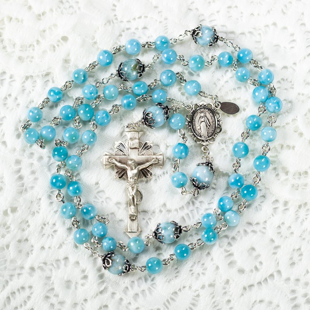 Blue Larimar Catholic Rosary - Handmade, Heirloom Rosaries Gift for Women - Sterling Silver, Miraculous Medal Center, Gemstone