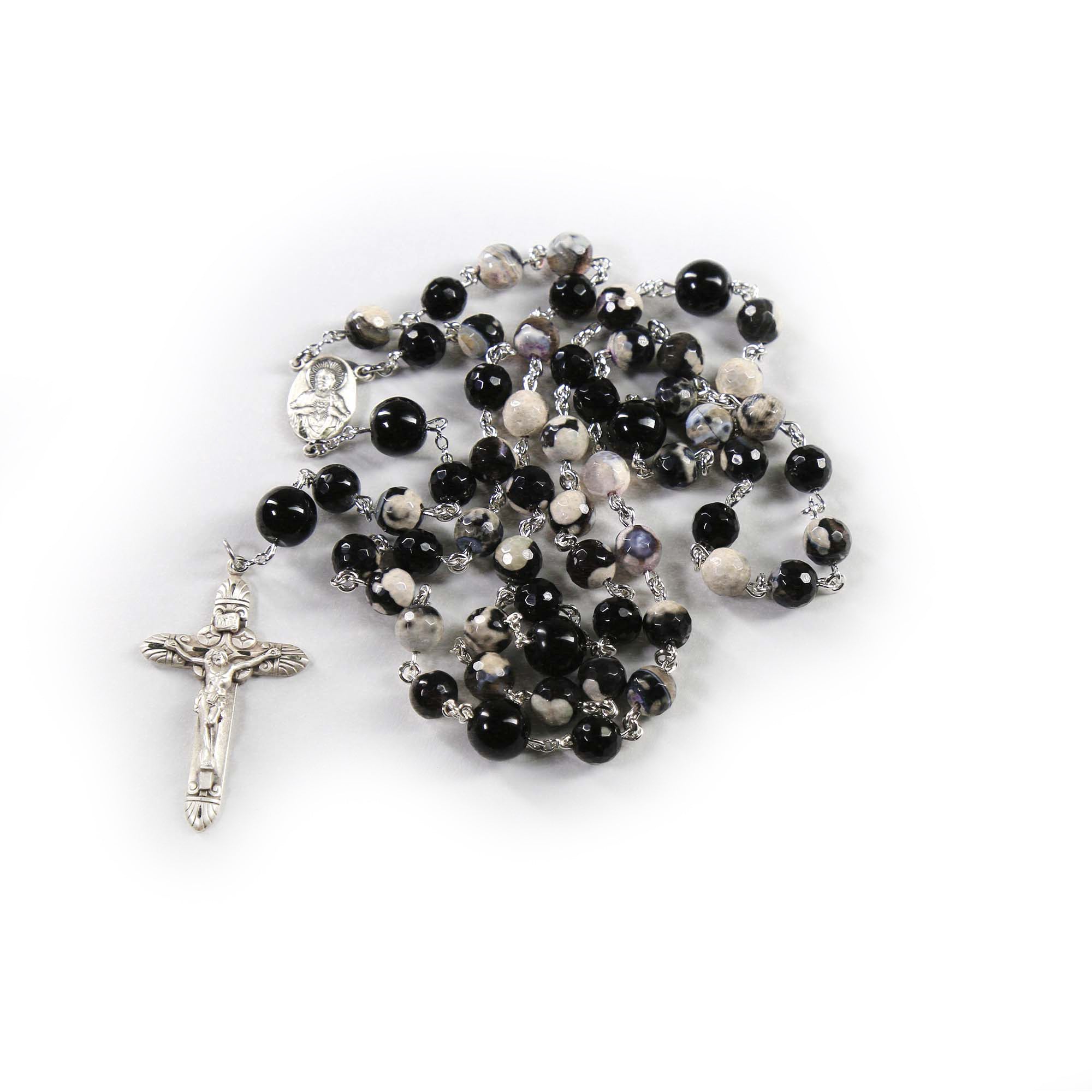 Store Petite White Marble and Black Handmade Rosary Set