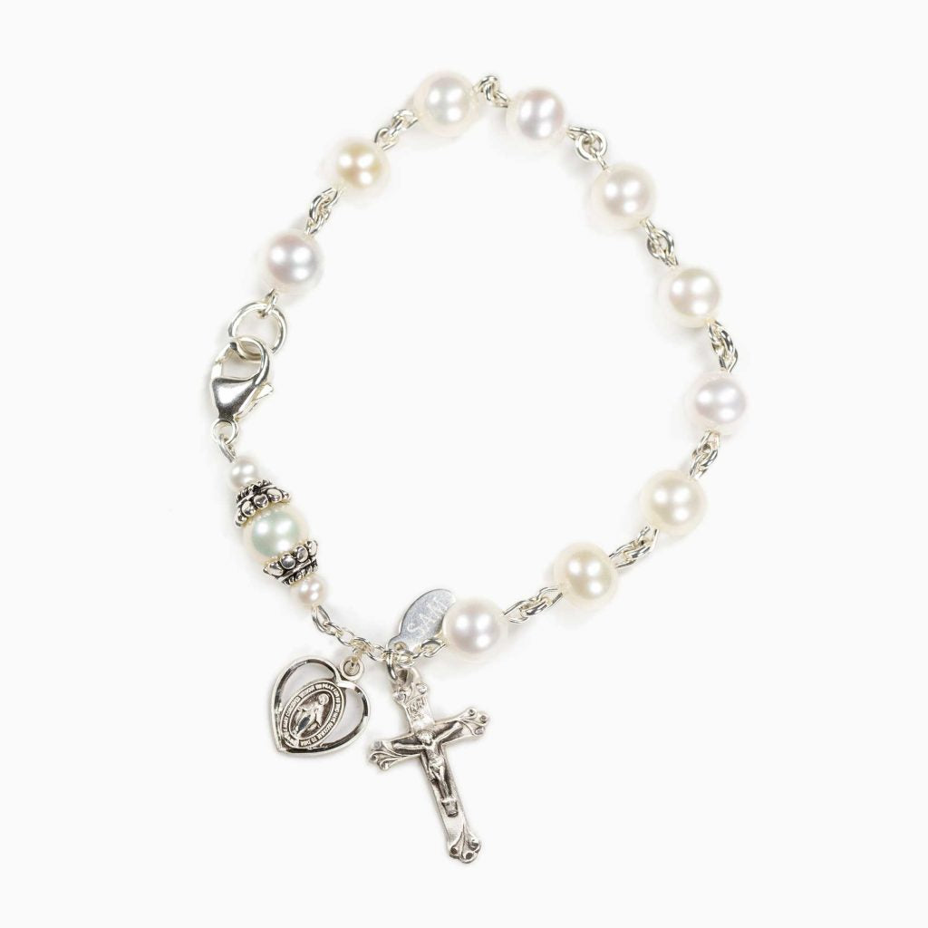 White Freshwater Pearl Bracelet Rosary for Catholic Women & Girls