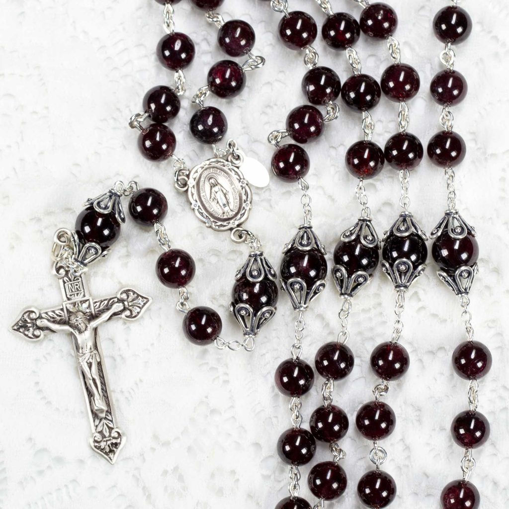 Garnet Women's Catholic Rosary Handmade with Sterling Silver Bead Caps & Miraculous Medal Center