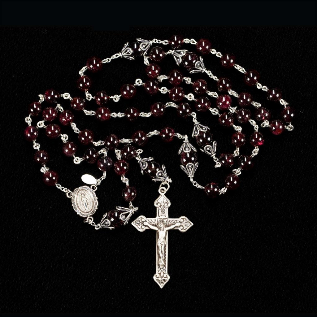 Garnet Women's Catholic Rosary Handmade with Sterling Silver Bead Caps & Miraculous Medal Center