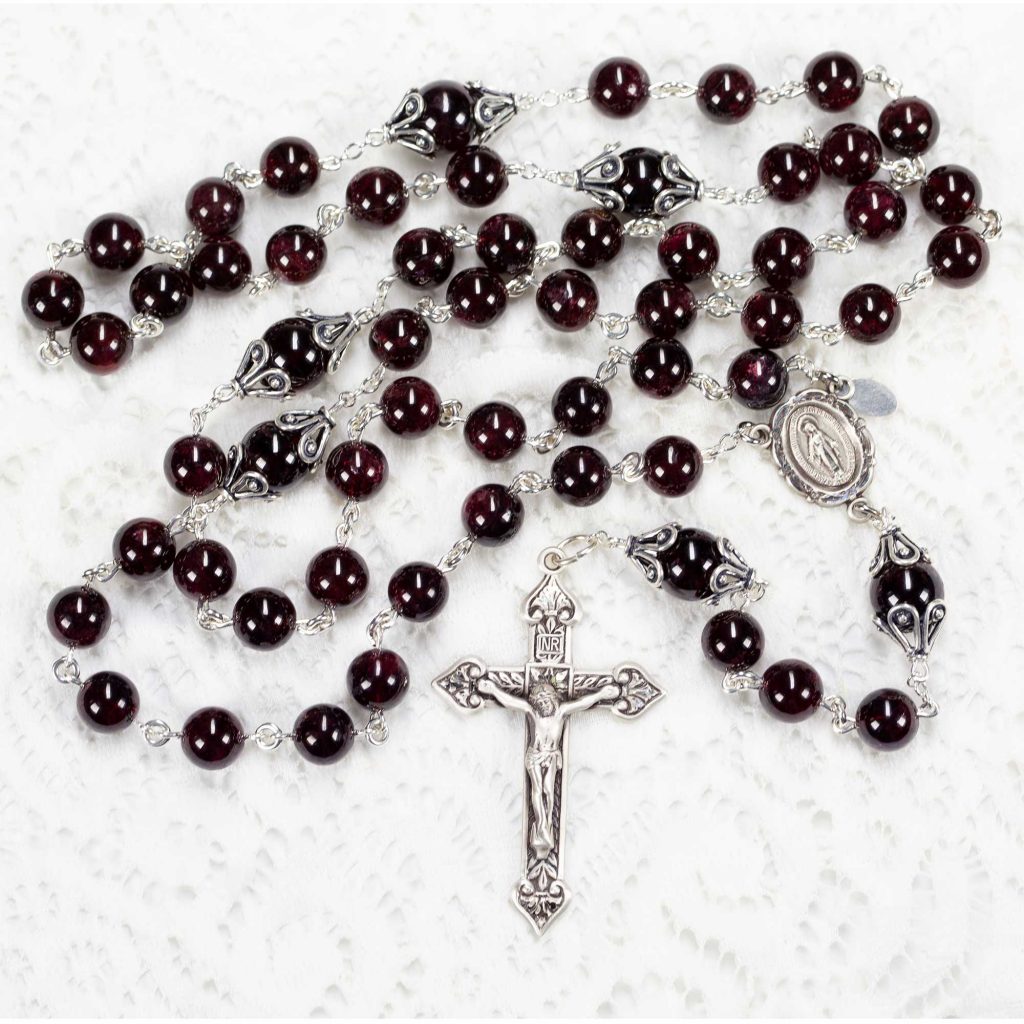 Garnet Gemstone Beads Catholic ROSARY Crucifix NECKLACE BOX