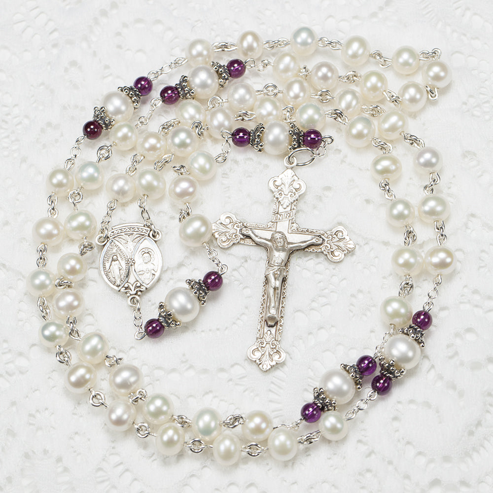 Catholci Women's Handmade Freshwater Pearl and Garnet rosary
