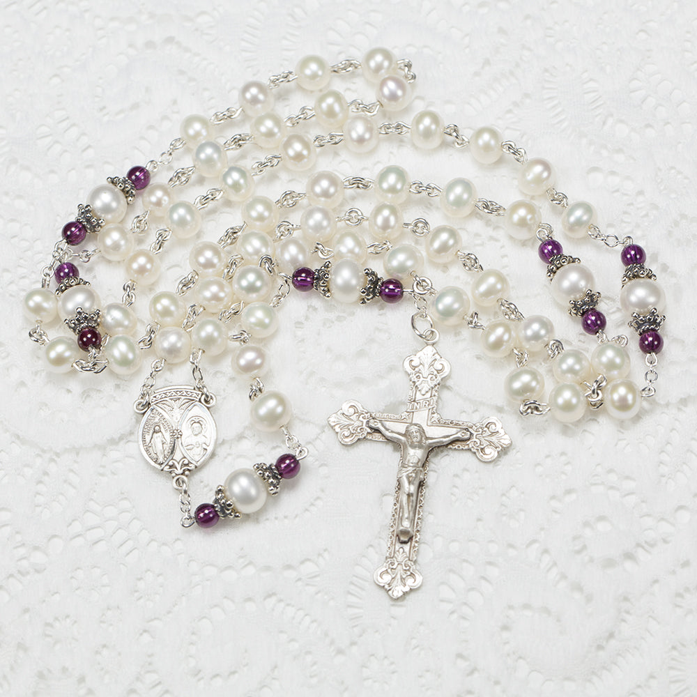 Catholci Women's Handmade Freshwater Pearl and Garnet rosary