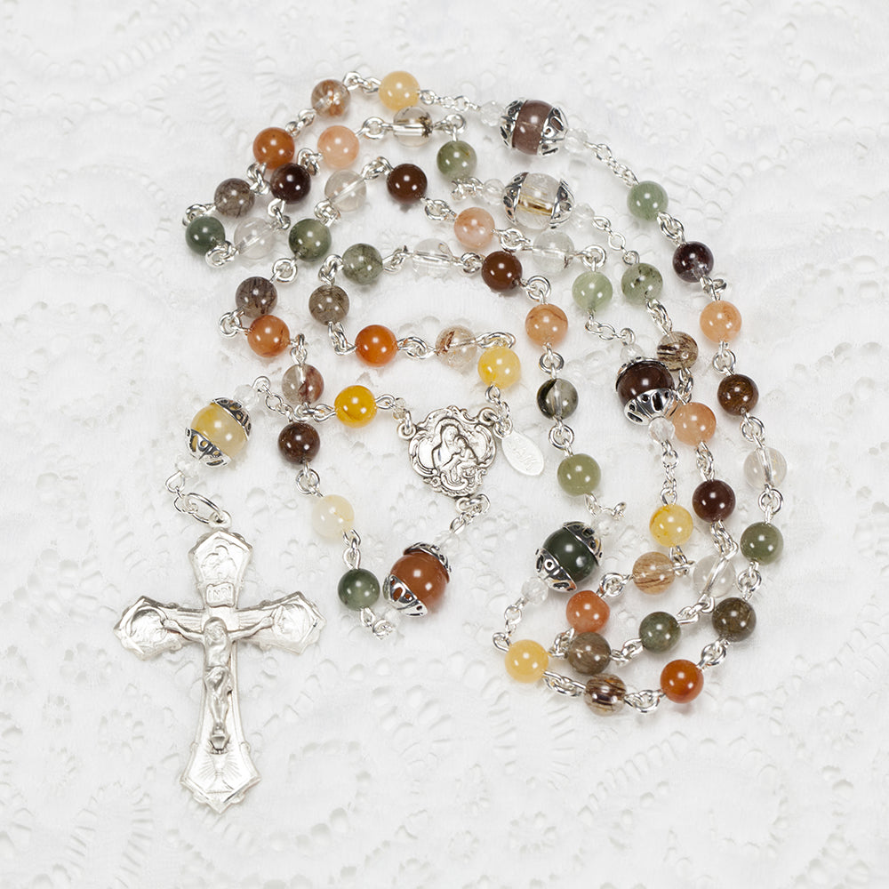 Heirloom Catholic Women's Rosary Handmade with Rutilated Quartz stones