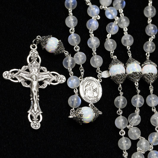 Catholic Women's Rosary Handmade with Heirloom quality Rainbow Moonstone and Opal stones