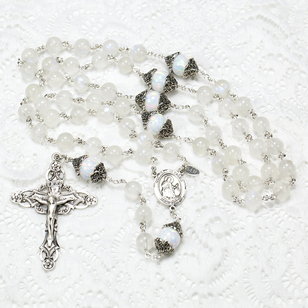 Catholic Women's Rosary Handmade with Heirloom quality Rainbow Moonstone and Opal stones