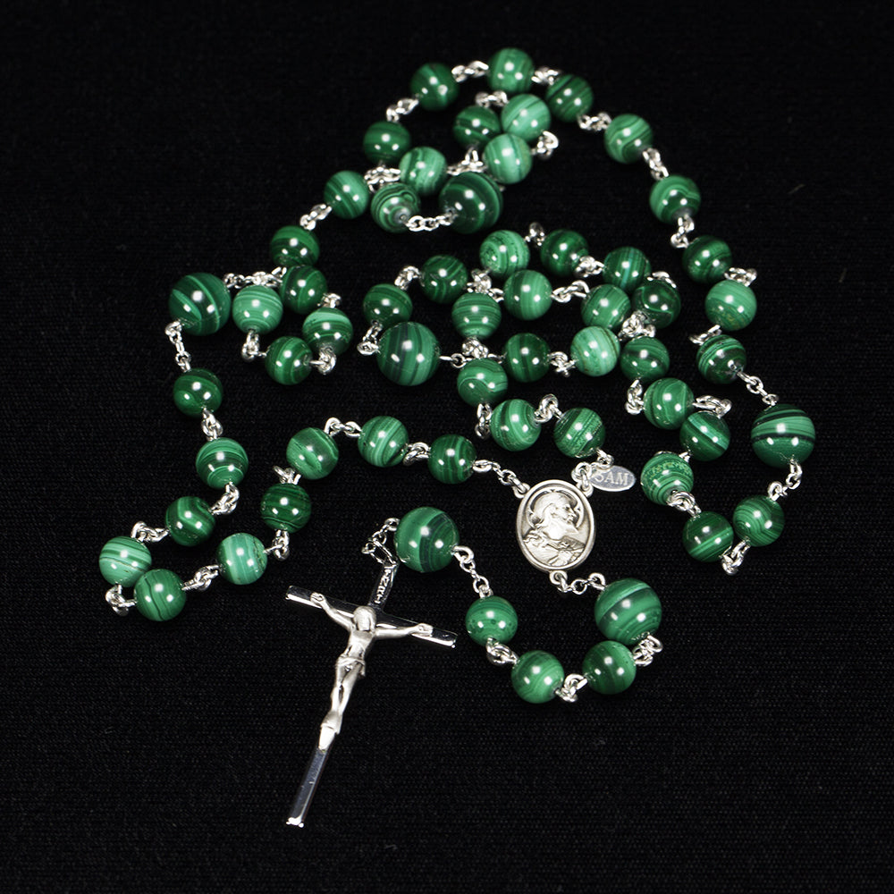 Handmade, Heirloom Catholic rosary for men made with Green Malachite stones