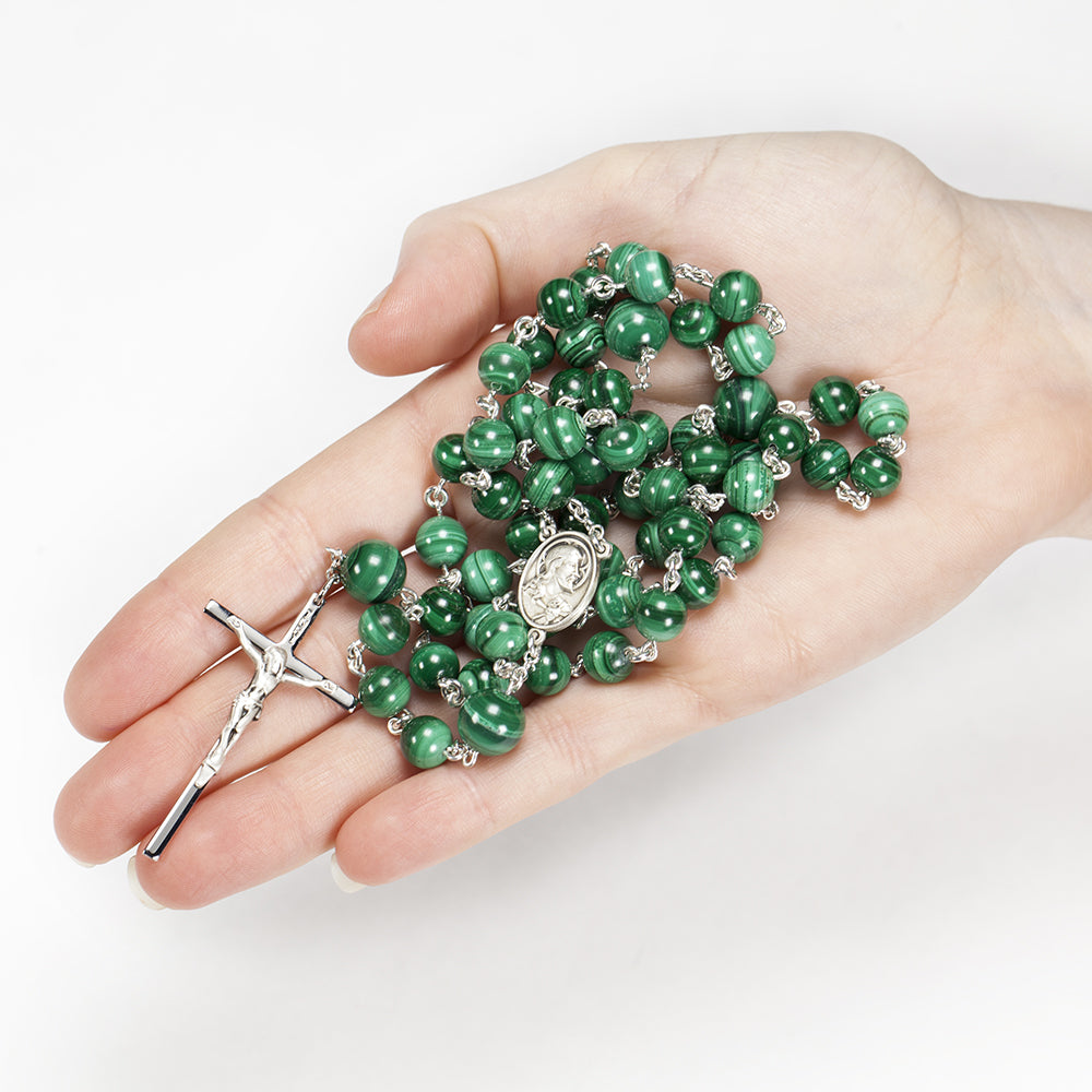 Handmade, Heirloom Catholic rosary for men made with Green Malachite stones