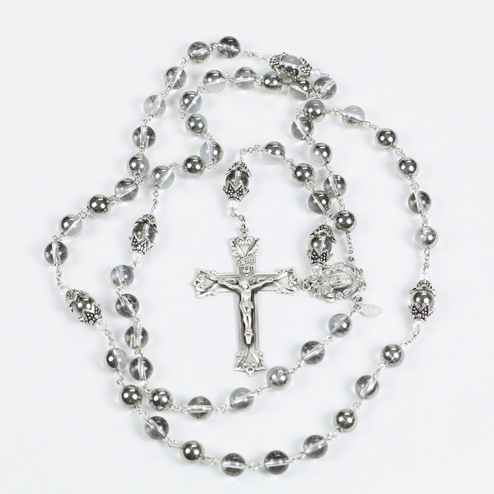 Smooth Crystal Quartz and Silver Catholic Rosary