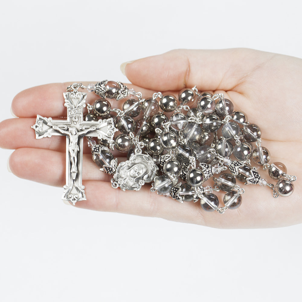 Smooth Crystal Quartz and Silver Catholic Rosary