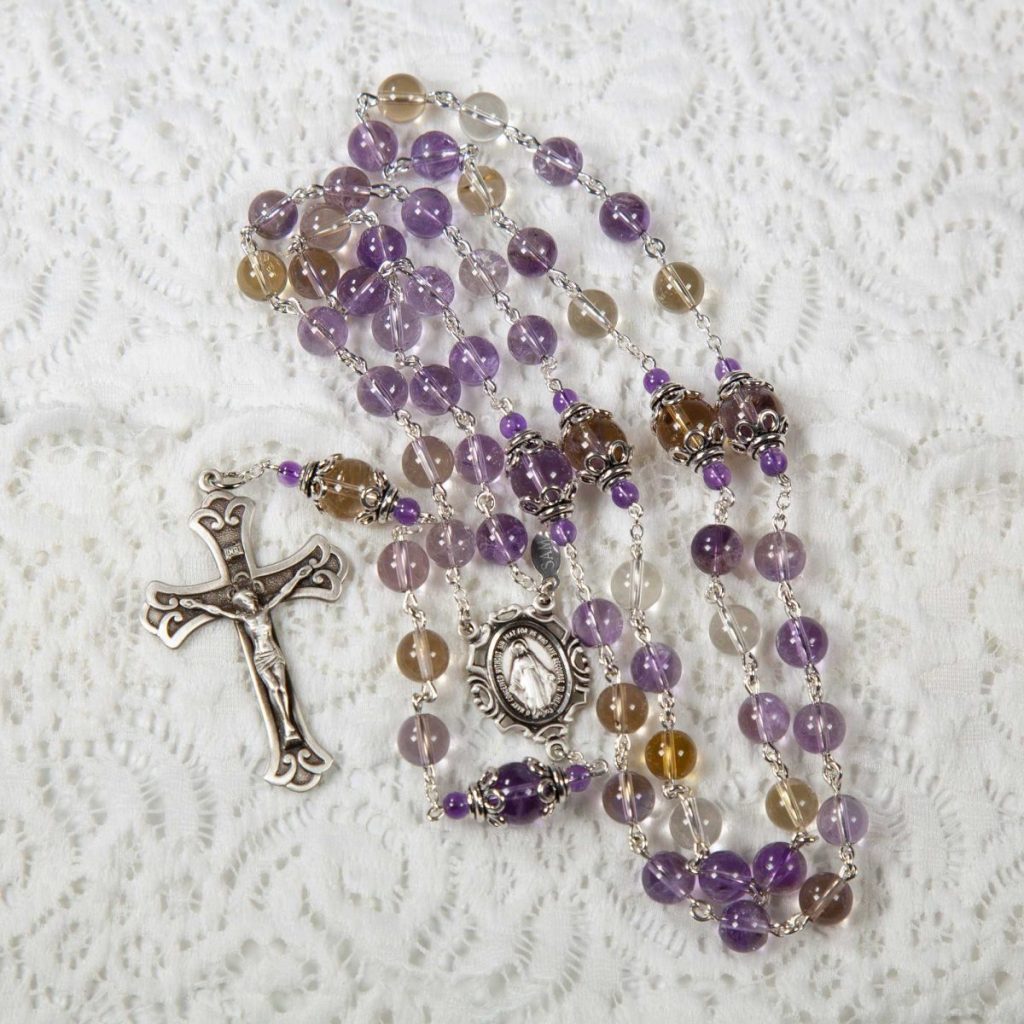 Handmade Catholic Rosary with Purple Yellow Ametrine Stones