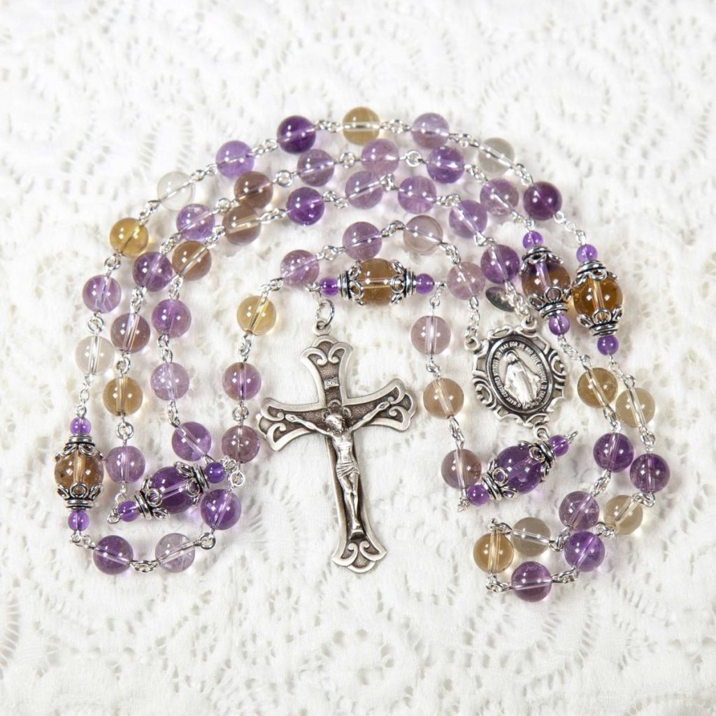 Handmade Catholic Rosary with Purple Yellow Ametrine Stones