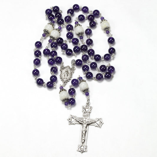 Catholic Women's Rosary Handmade with Amethyst and Mother of Pearl
