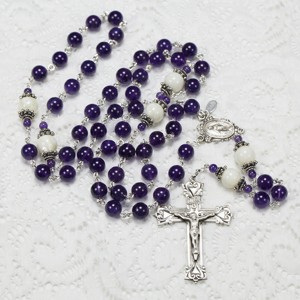 Catholic Women's Rosary Handmade with Amethyst and Mother of Pearl